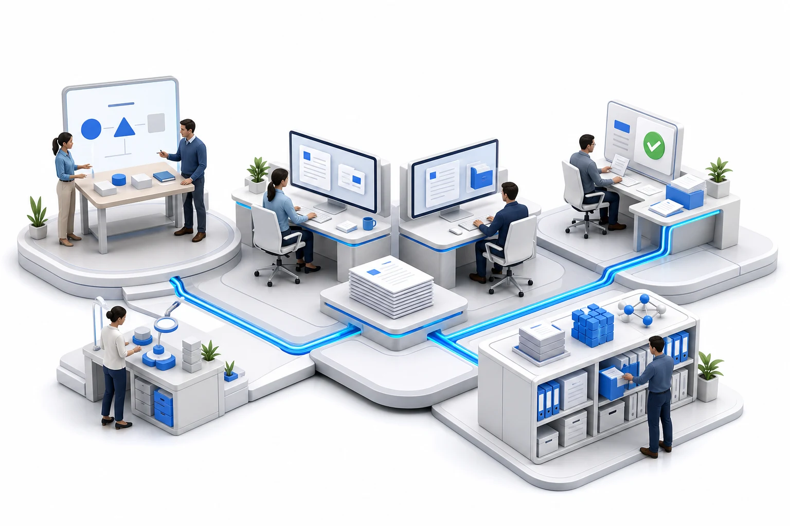Generated illustration of a connected workplace with team planning, AI-assisted desktop work, human review, and shared knowledge archives