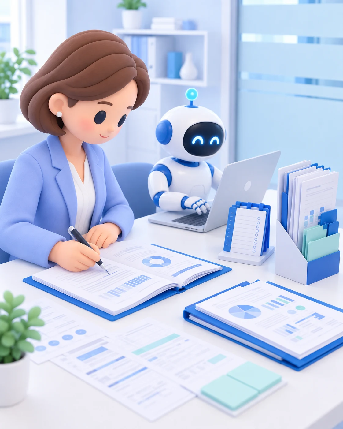 Concept illustration of a person and AI reviewing a monthly report and organizing verified methods and evidence for the next task.