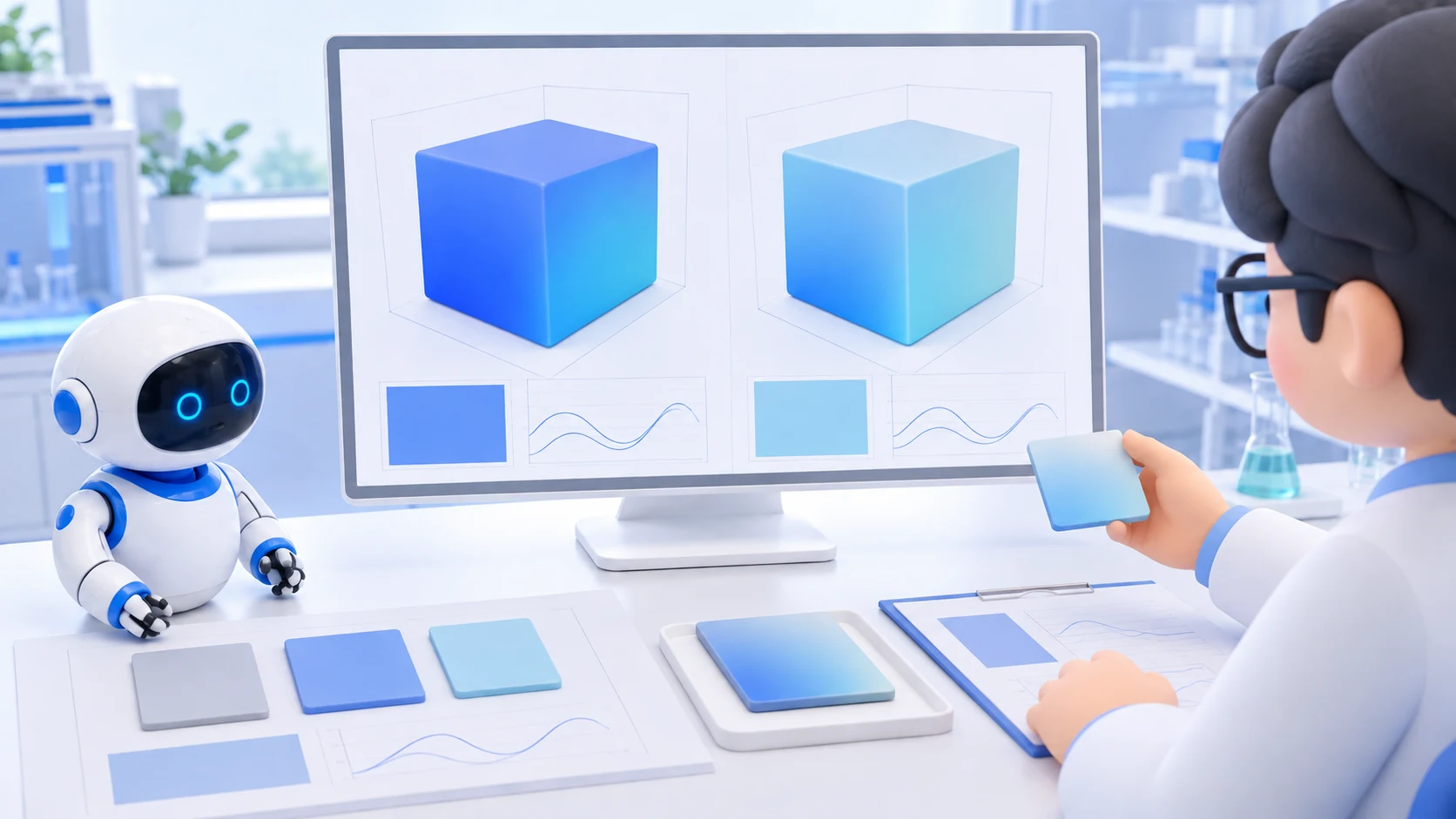 Concept illustration of AI organizing research candidates, a simulation engine comparing material models, and a researcher selecting a sample for an experiment.
