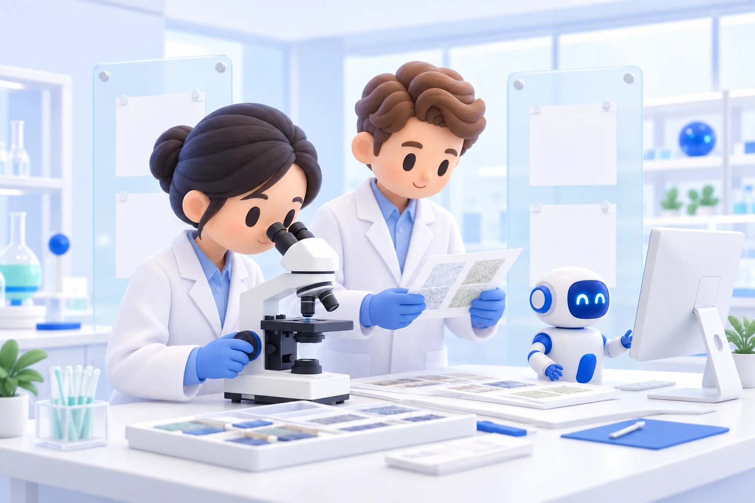 Generated illustration of researchers reviewing samples and records in a bright laboratory