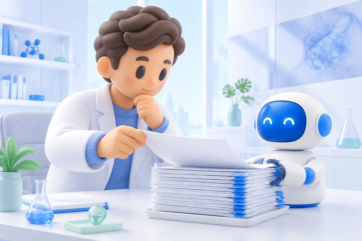 Generated illustration of a researcher reviewing papers prepared with an AI assistant